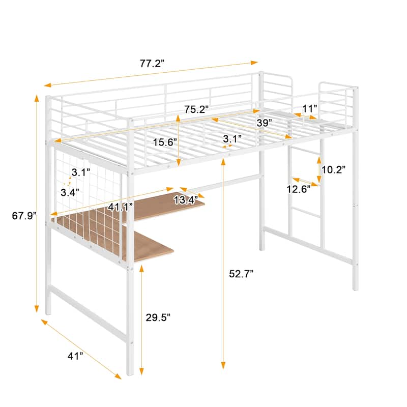 Twin Size Loft Bed with Built-in MDF Desk and Metal Grid, Metal Slat Bed Frame with Full-Length Guardrails and 4-Step Ladder