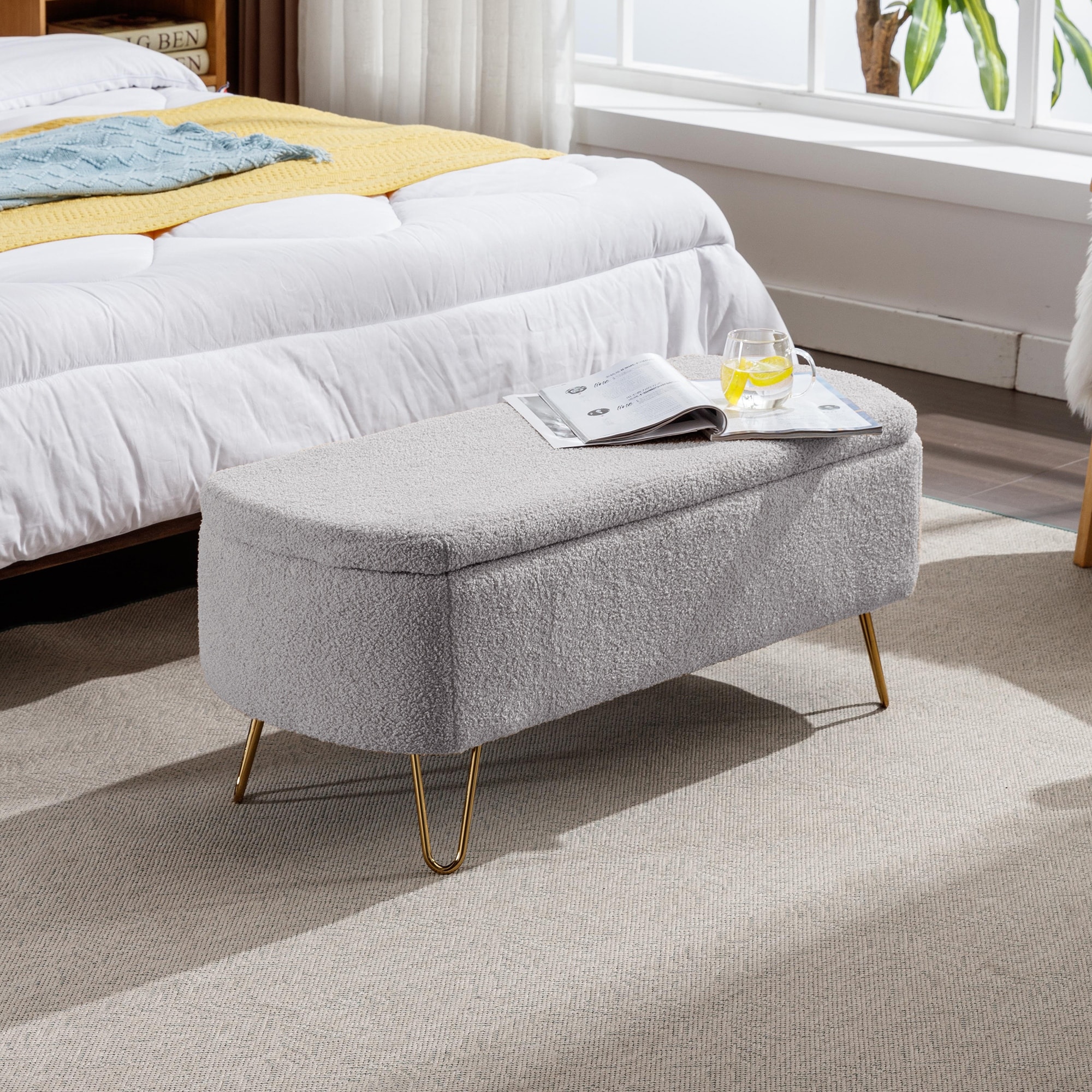 Grey Storage Ottoman Bench for End of Bed Gold Legs, Modern Grey Faux Fur Entryway Bench Upholstered Padded with Storage