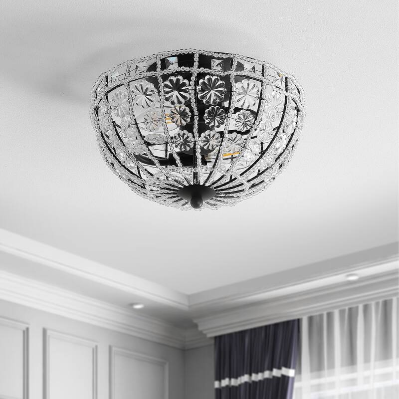 Leila 12" Crystal Flower Metal/Acrylic LED Semi-Flush Mount, Black/Clear by JONATHAN Y