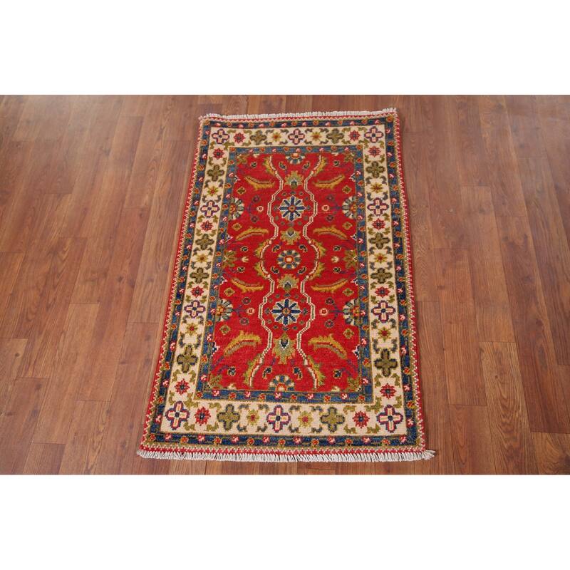 Hand Knotted Oriental 100% Wool Carpet Traditional Floral Red Kazak Area Rug - 3' 3'' X 2' 1''