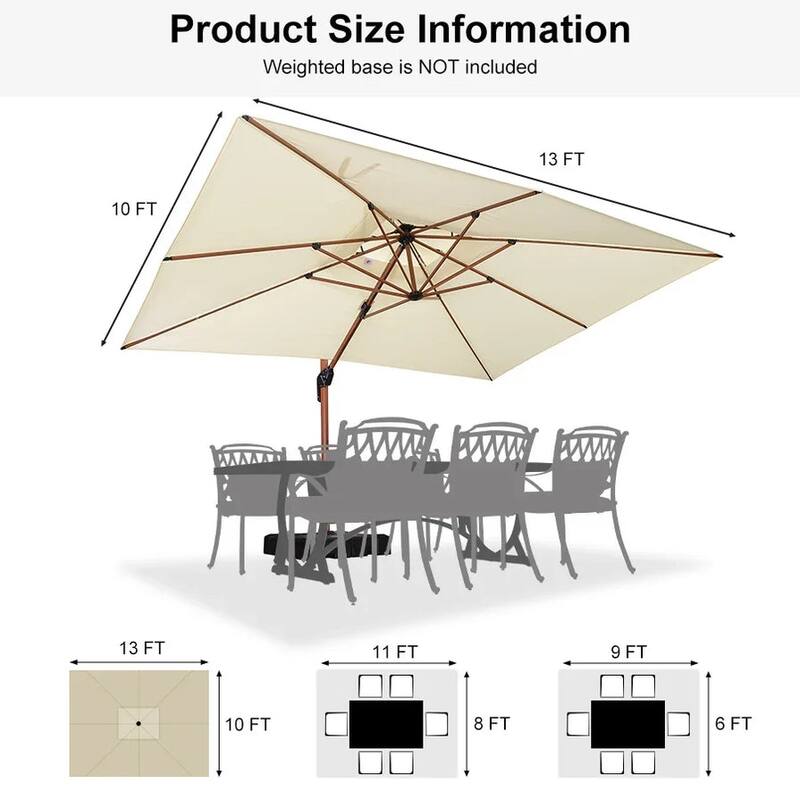 PURPLE LEAF 10 x 13ft Double Top Deluxe Wood Pattern Rectangle Patio Cantilever Umbrella with Base outdoor