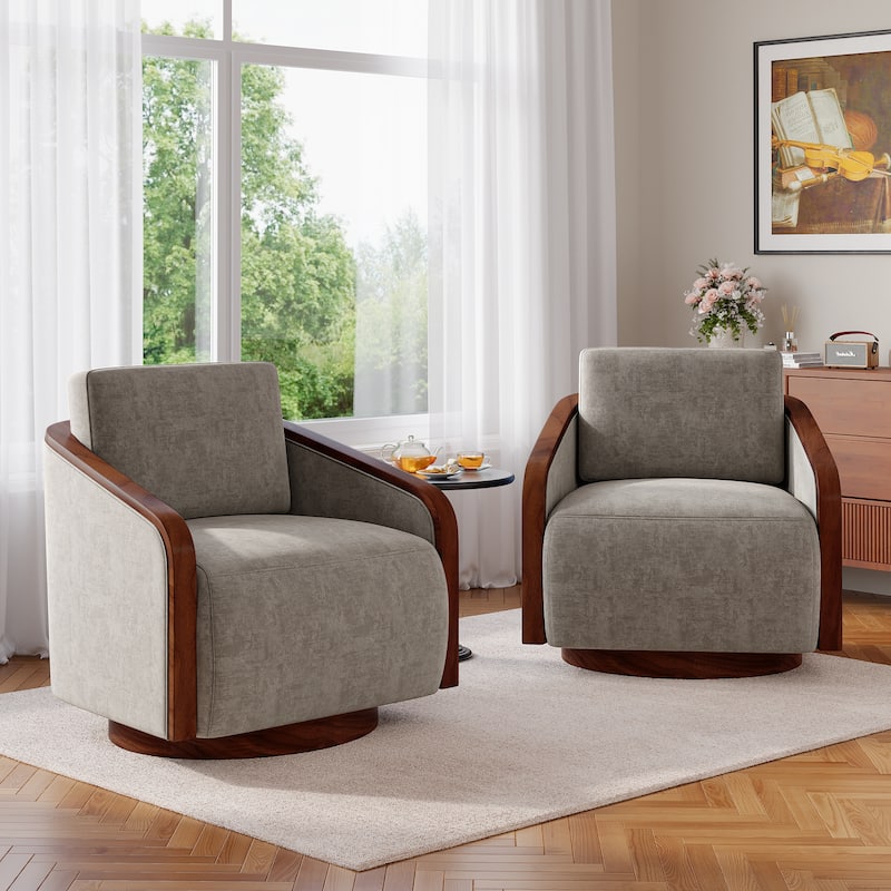 Set of 2 Modern 360° Swivel Accent Barrel Chairs with Wood Arms - Light Brown