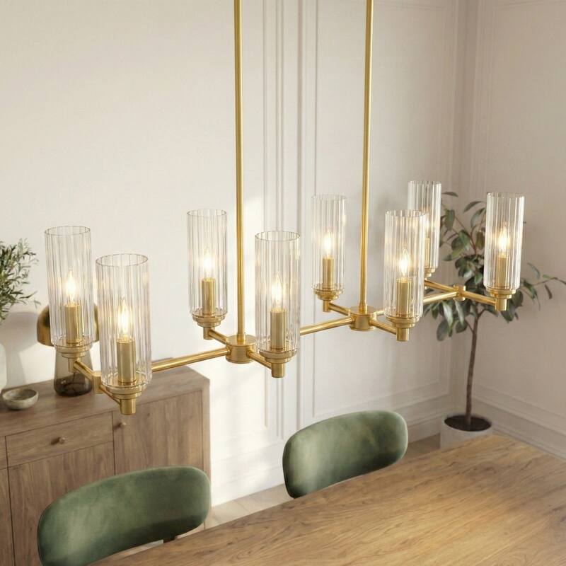 Asert Sophisticated 8-Light Satin Brass Pendant with Ribbed Glass Shades - Clear Ribbed Glass