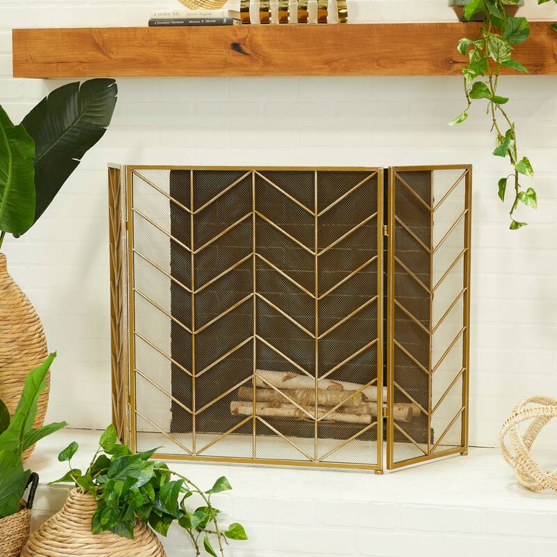 Gold Metal Foldable Mesh Netting 3 Panel Geometric Fireplace Screen with Chevron Pattern - Gold