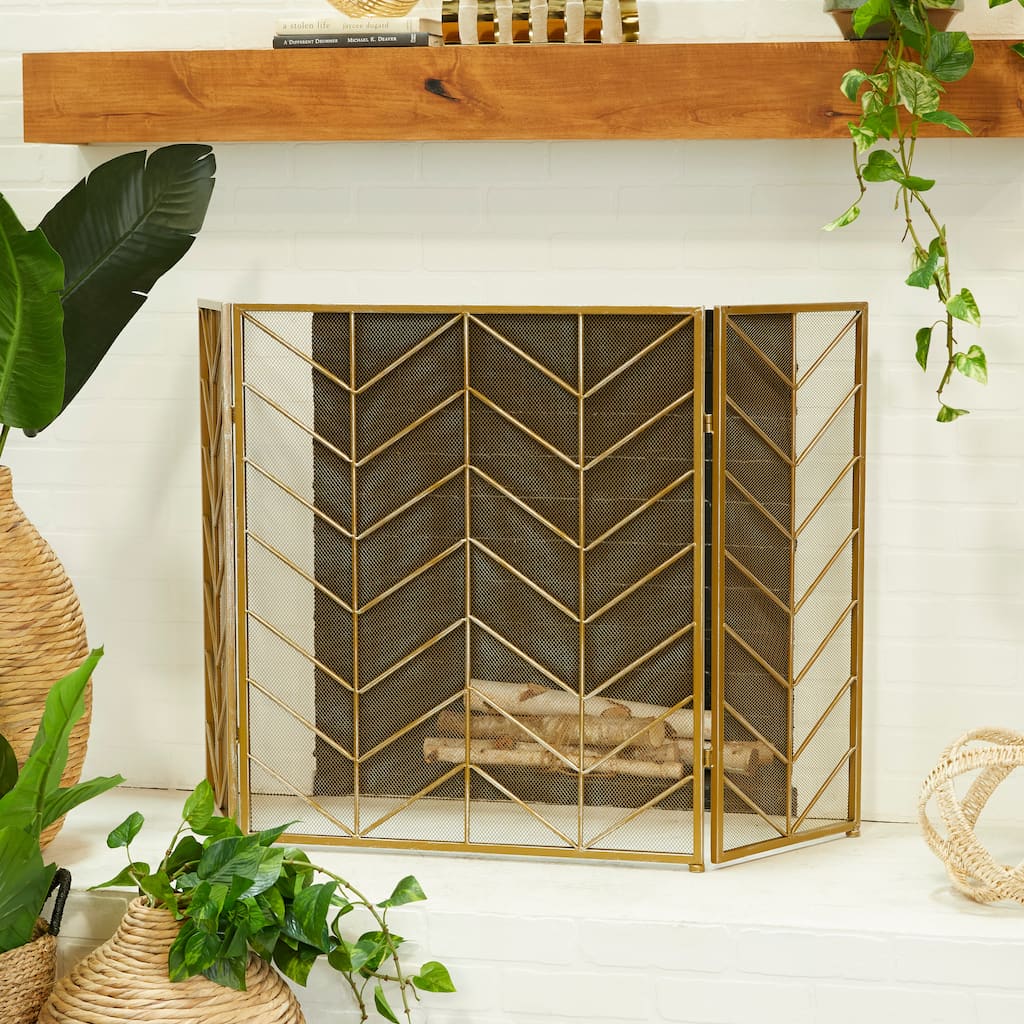 Gold Metal Foldable Mesh Netting 3 Panel Geometric Fireplace Screen with Chevron Pattern