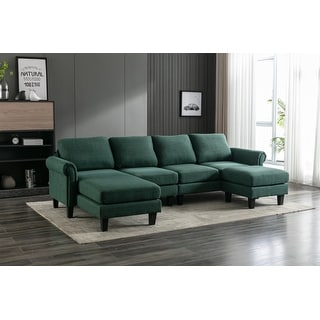 L-Shape Convertible Sectional Sofa Linen Accent Sofa Set with Ottoman ...