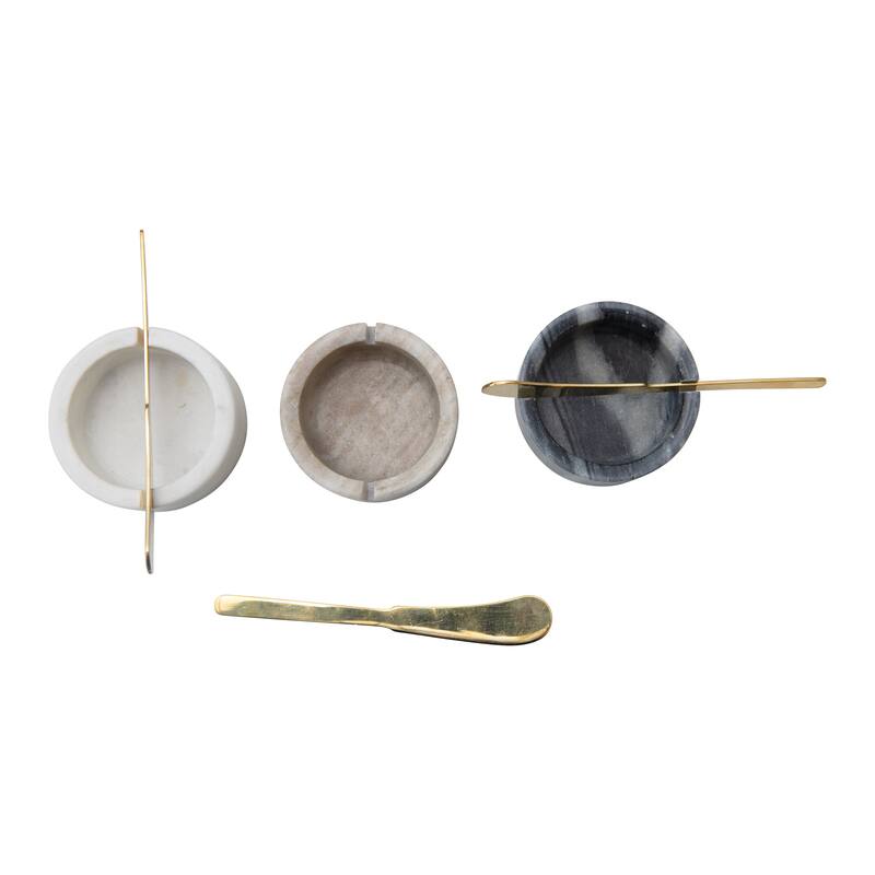 Marble Pinch Bowls for Salt and Pepper with 3 Metal Knives, Set of 3