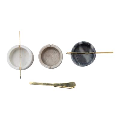 Marble Pinch Bowls for Salt and Pepper with 3 Metal Knives, Set of 3