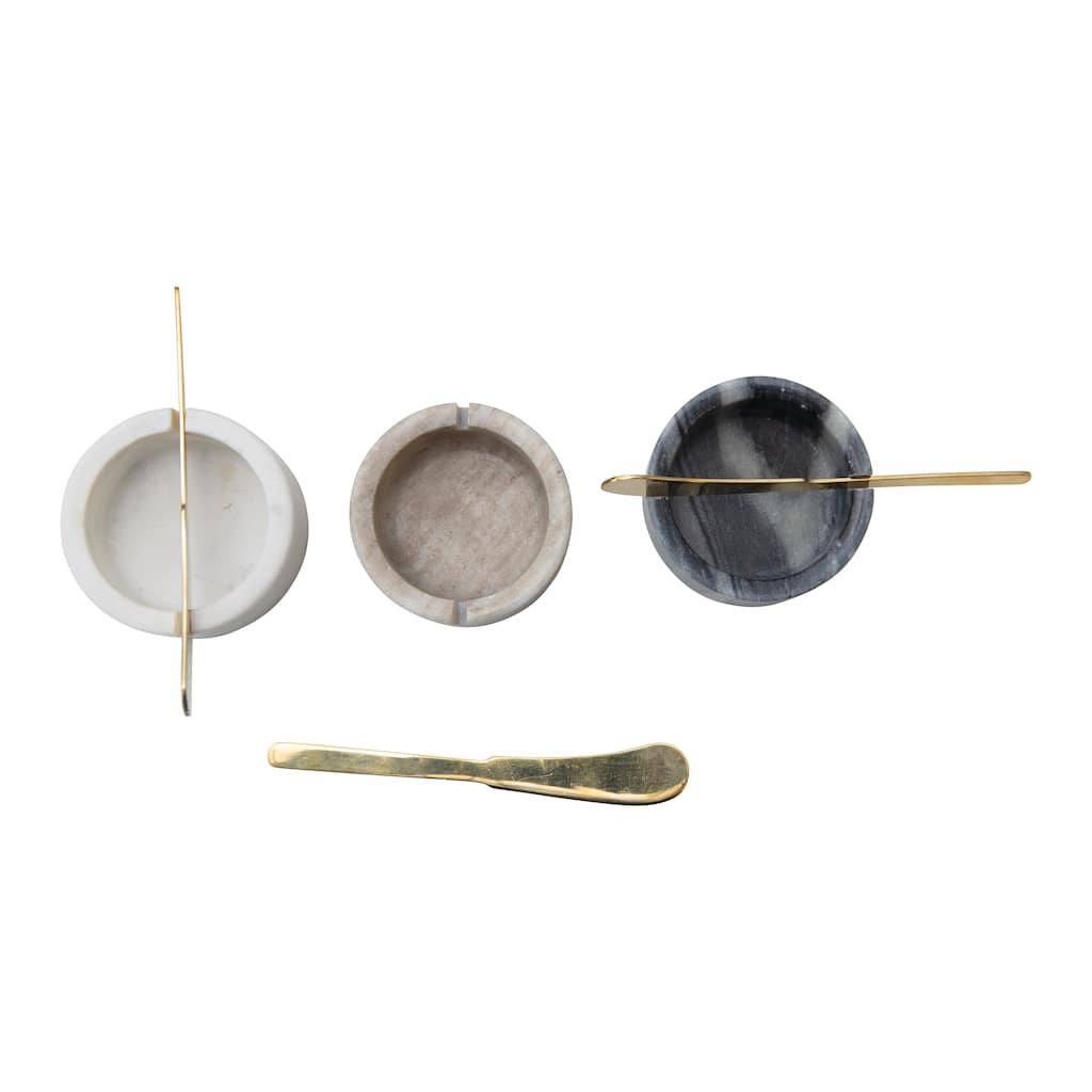 Marble Pinch Bowls for Salt and Pepper with 3 Metal Knives, Set of 3