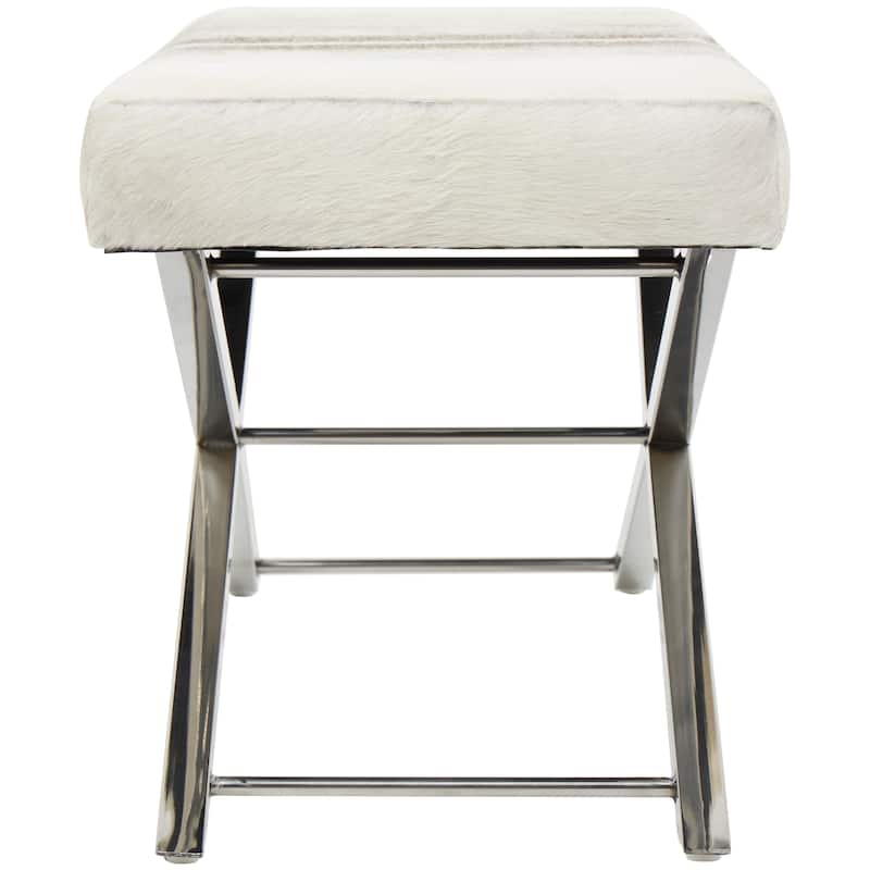Leather Bench or Stool with Silver X-Shaped Stainless Metal Base - Beige or Gray - Roche River Decor