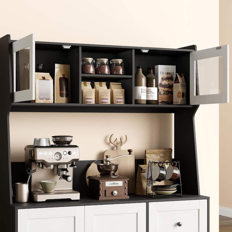 67" Tall Kitchen Hutch Storage Cabinet, Farmhosue Coffee Bar Cabinet with 3 Drawers - Black