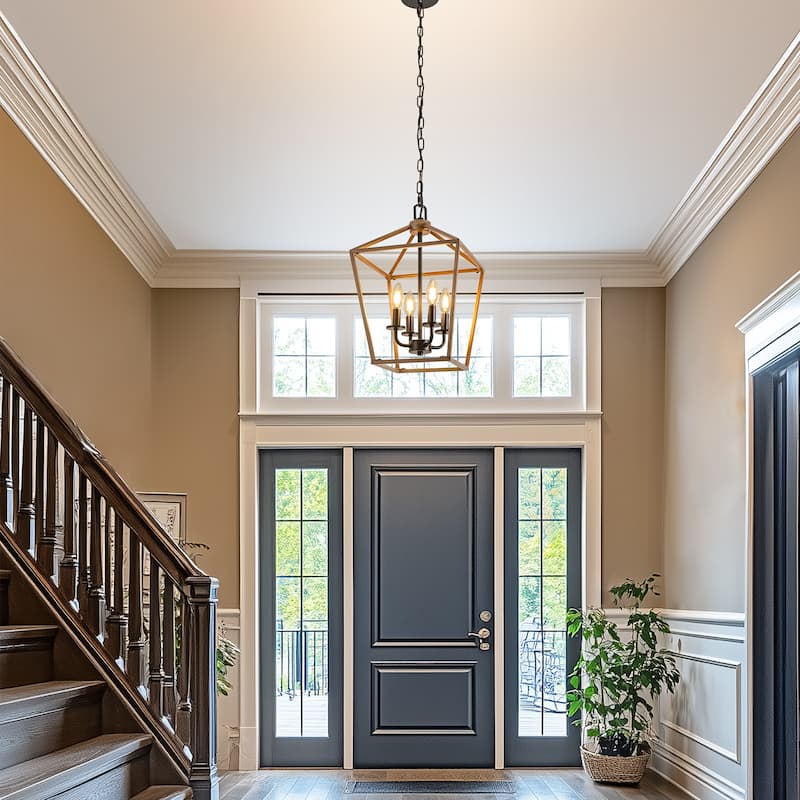 Farmhouse Lantern Chandelier 4-Light E12 Pendant Light, Black Wood