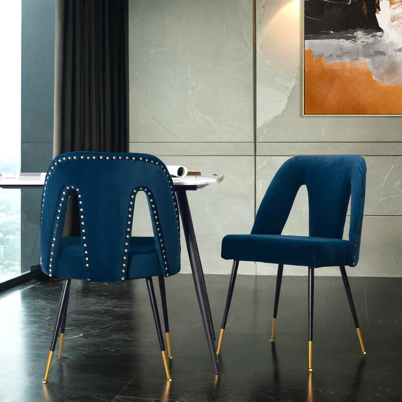 Akoya Collection Modern | Contemporary Velvet Upholstered Dining Chair with Nailheads and Gold Tipped Black Metal Legs