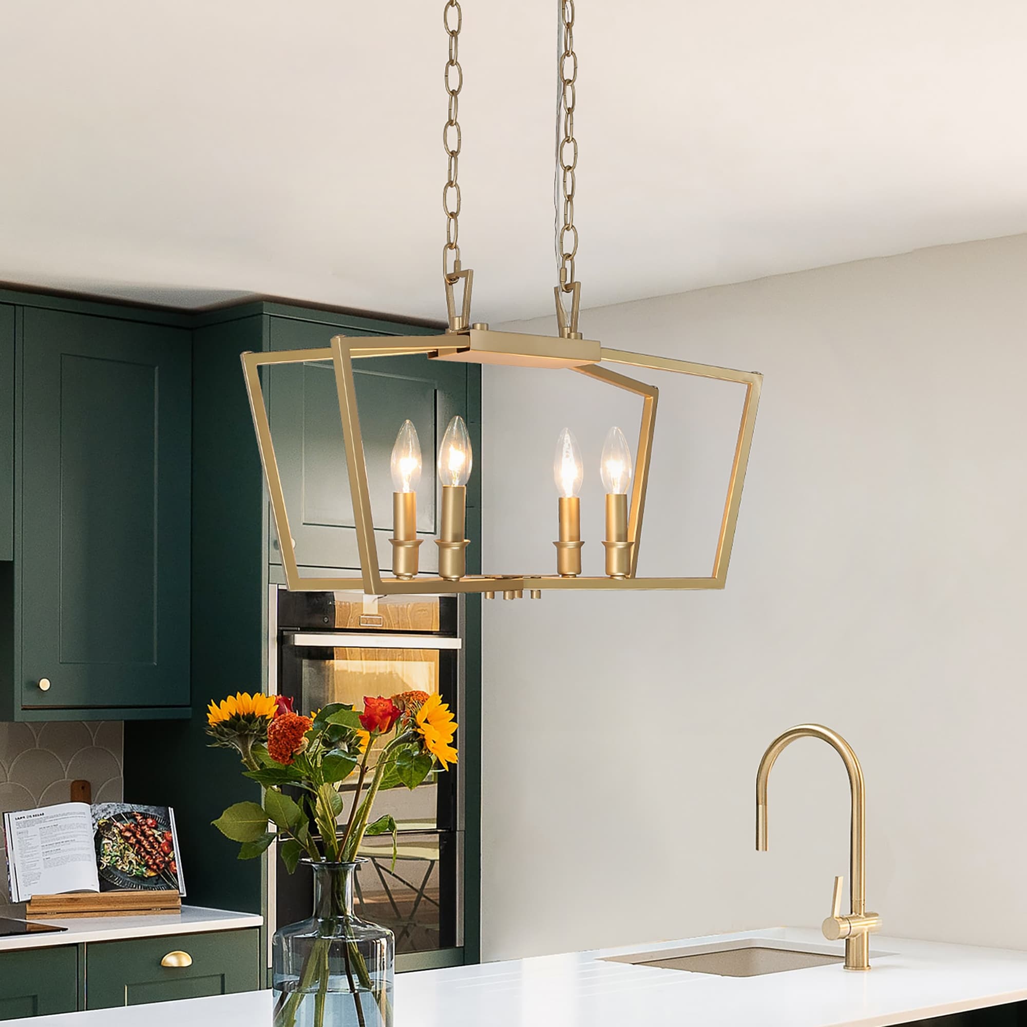 Rella Modern Gold 4-Light Cage Chandelier Candle Linear Lantern Kitchen Island Hanging Lights - L21"xW7"xH12.5"