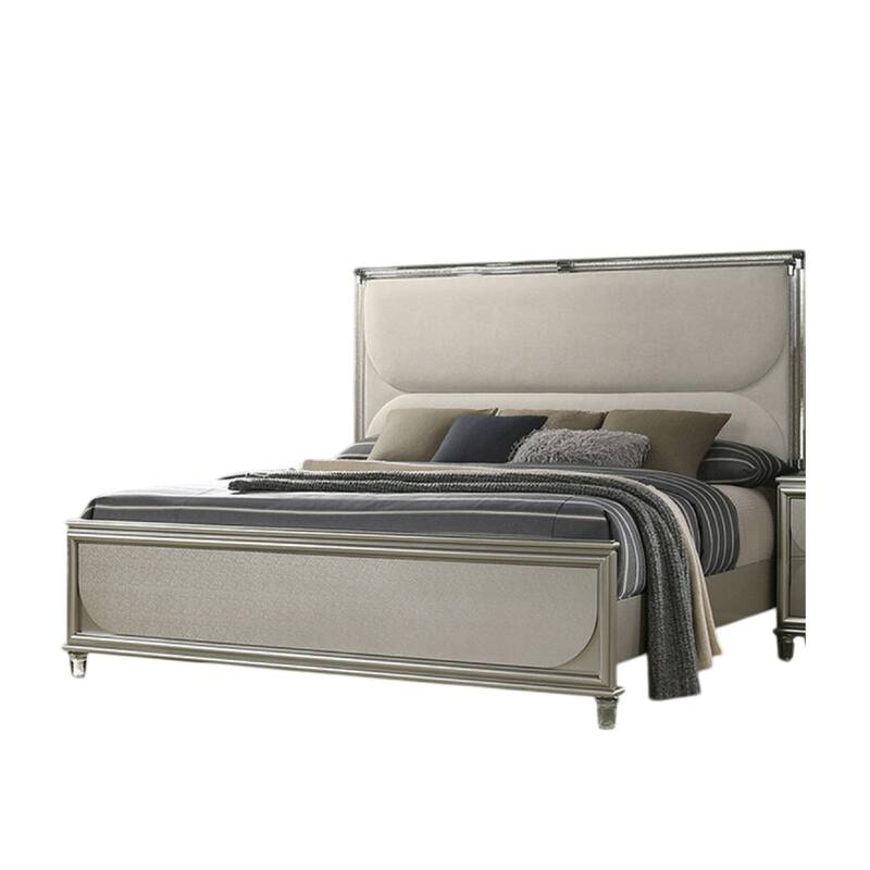 Zema Queen Bed, Upholstered Headboard w LED, Silver Wood, Acrylic Legs