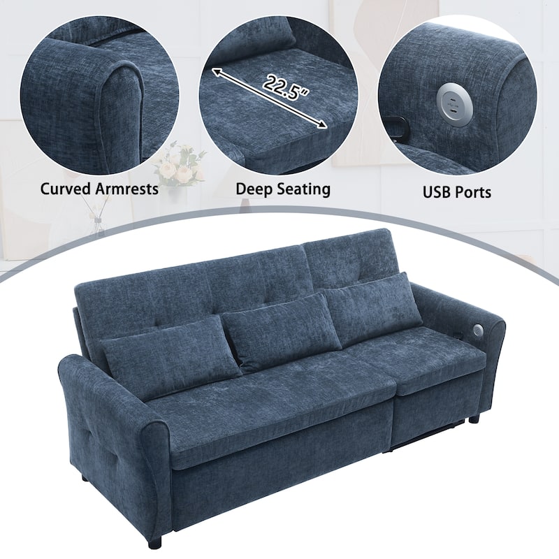 2-in-1 Sleeper Sofa Bed, 3 Seater Sectional Sofa with Pull Out Bed, Reversible Recliner Sofa with Pillows and USB Port