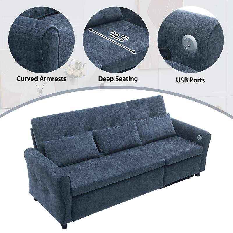 82" 2-in-1 Blue Chenille Sofa with Pull-out Bed, Recliner, and USB Ports
