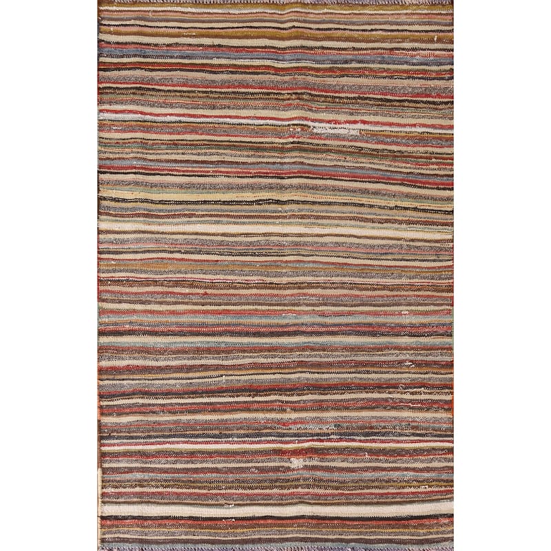 Striped Kilim Persian Vintage Rug Hand-Woven Wool Carpet - 3'9"x 6'1"