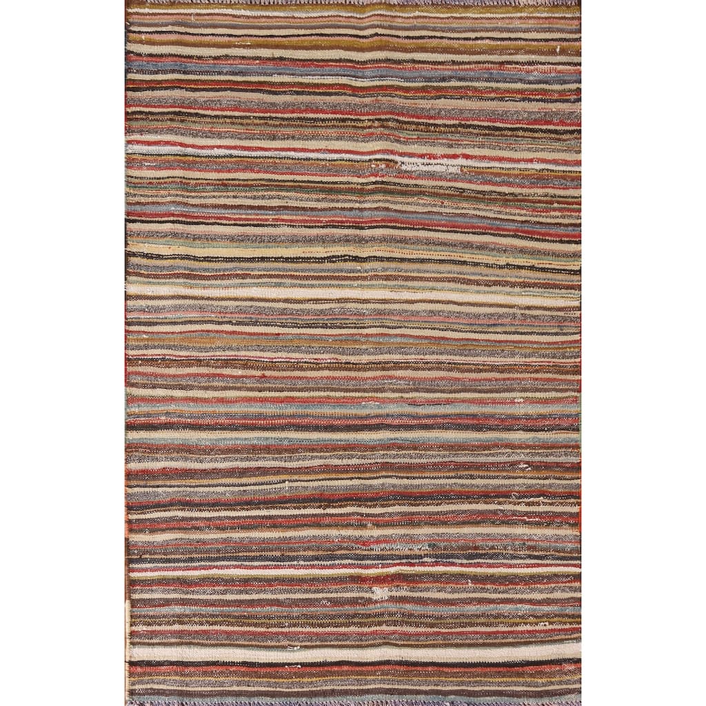 Striped Kilim Persian Vintage Rug Hand-Woven Wool Carpet - 3'9"x 6'1"