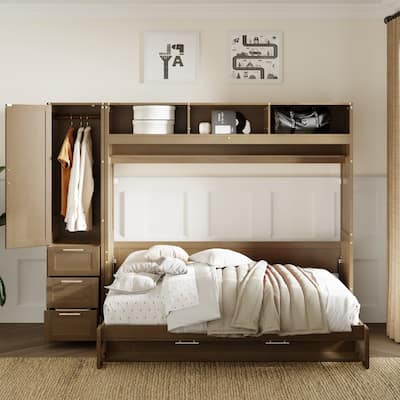 Full Murphy Bed with Wardrobe, Drawers, and Open Shelves