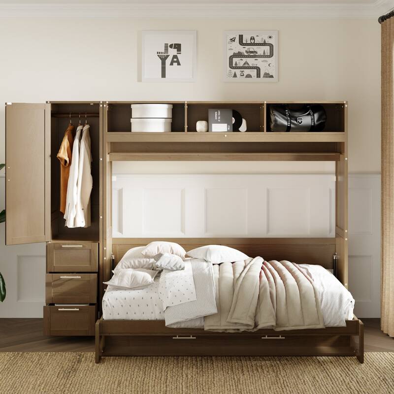 Full Size Murphy Bed with Wardrobe, Drawers, Open Shelves - Wood