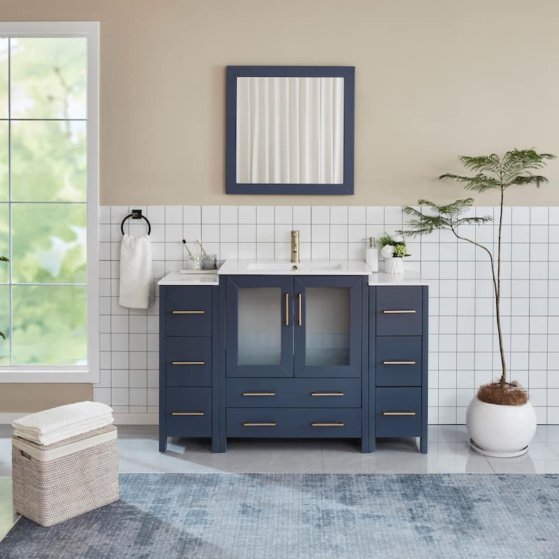 Vanity Art 54 Inch Single Sink Bathroom Vanity Set 8 Dove-Tailed Drawers 3 Cabinets 1 Shelf, Soft-Closing Doors with Free Mirror - Blue