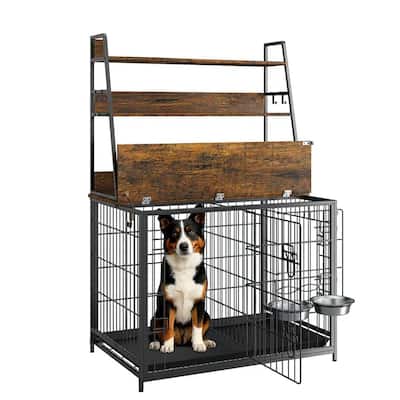 Heavy Duty Dog Crate Furniture, Adjustable Bowls, with 3 Shelves
