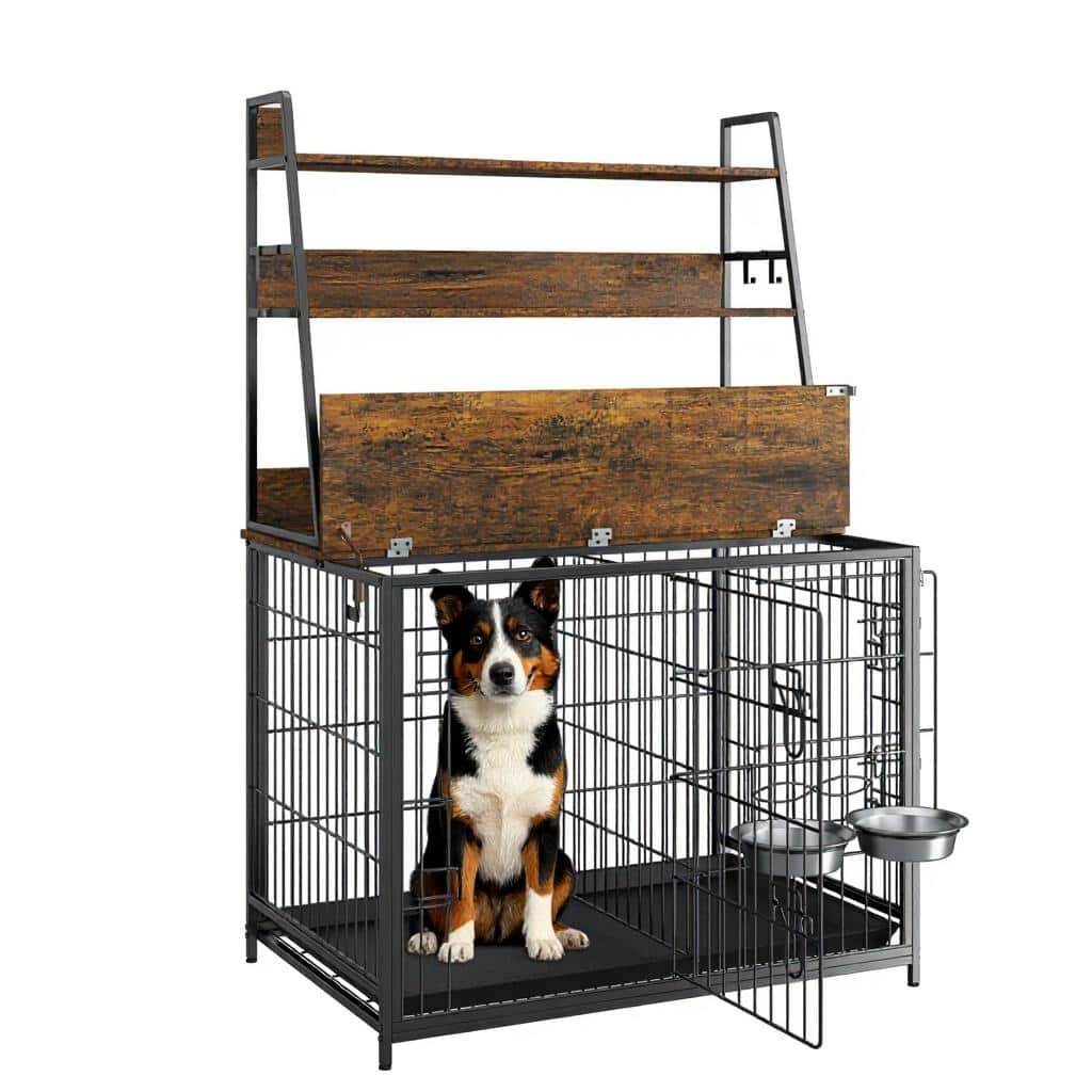 Heavy Duty Dog Crate Furniture, Adjustable Bowls, with 3 Shelves