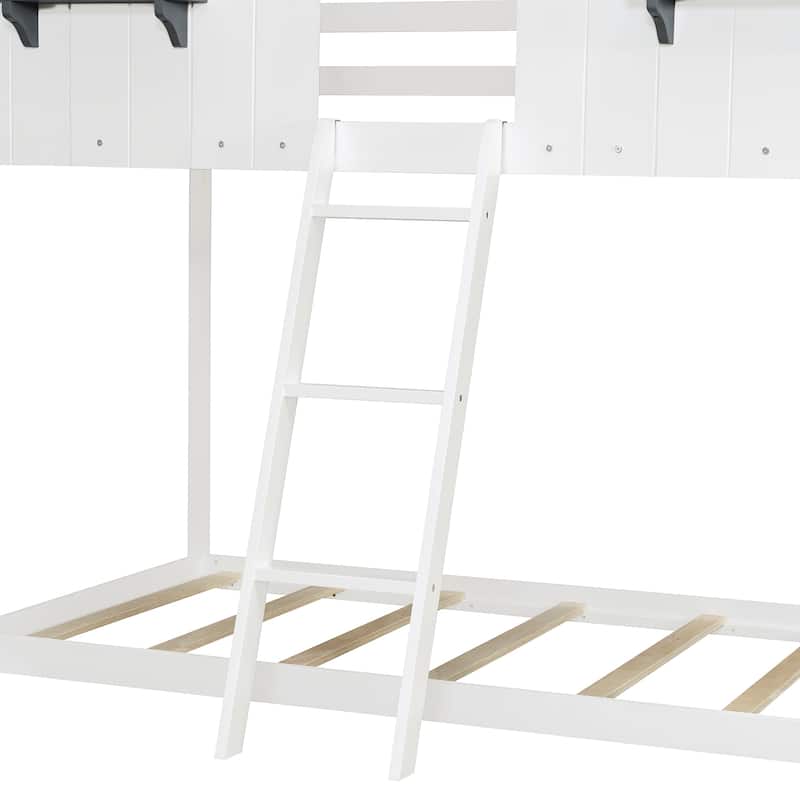 Kids House Bed Twin Over Twin Bunk Bed with Roof, Window and Shelves