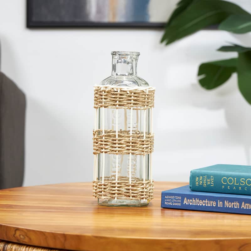Handcrafted Clear Glass Vase with Light Brown Rattan Woven Body