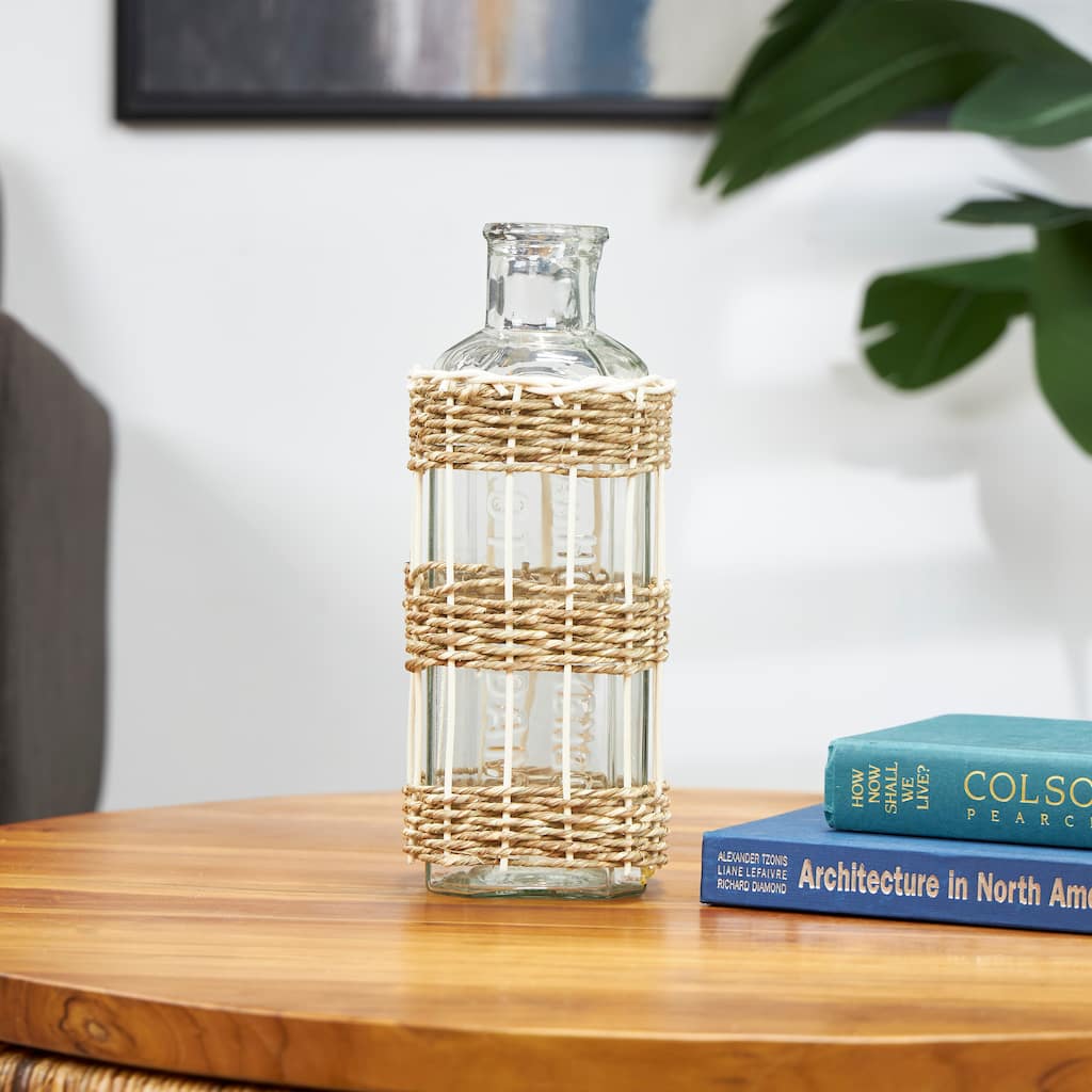 Handcrafted Clear Glass Vase with Light Brown Rattan Woven Body