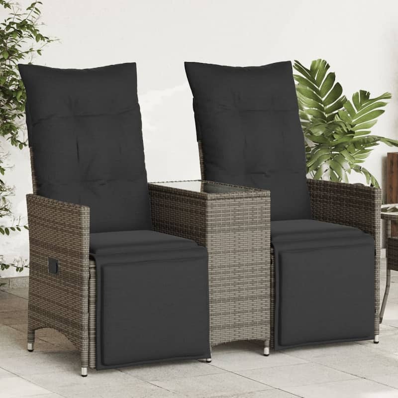 vidaXL Reclining Patio Sofa 2-Seater with Table Loveseat Furniture Poly Rattan - 23.2 x 51.2 x 36.2 - Grey With footrest/ Glass