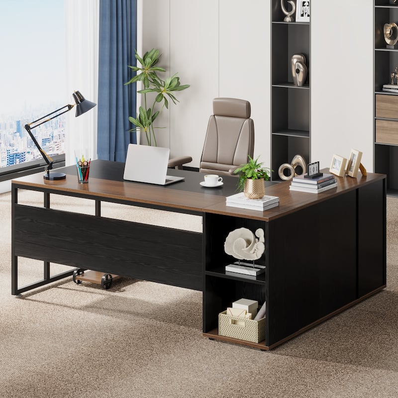 71 inch Executive Desk, L Shaped Desk with Cabinet and Shelves for Home Office