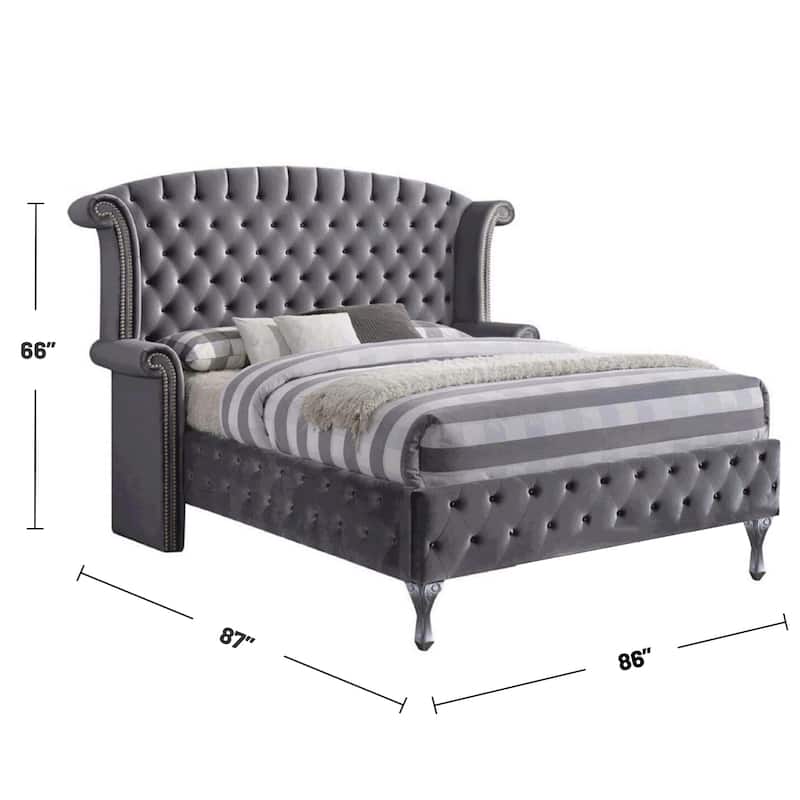 Velvet Upholstered Bed in Gray Finish