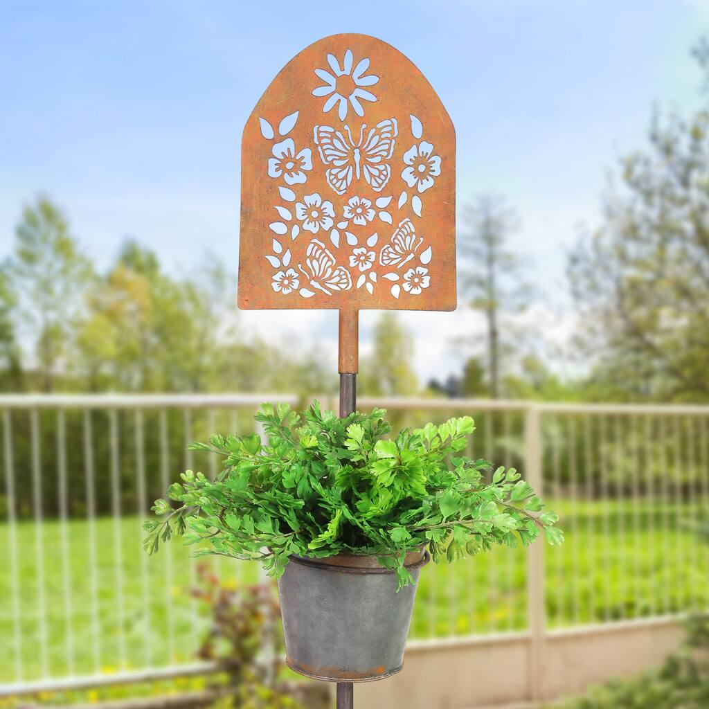Exhart Metal Pot Garden Stake with Stamped Butterfly and Flower Sign, 8 by 56.5 Inches