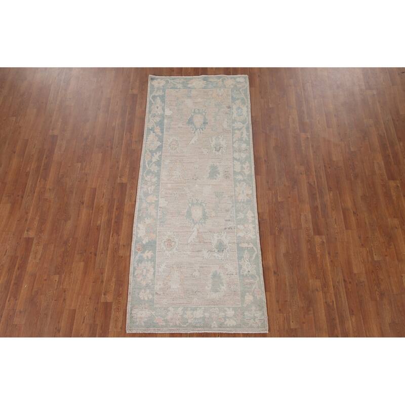 Hand Knotted Oriental 100% Wool Carpet Transitional All-Over Beige & Ivories Oushak Runner Rug - 7' 11'' X 3' 3''