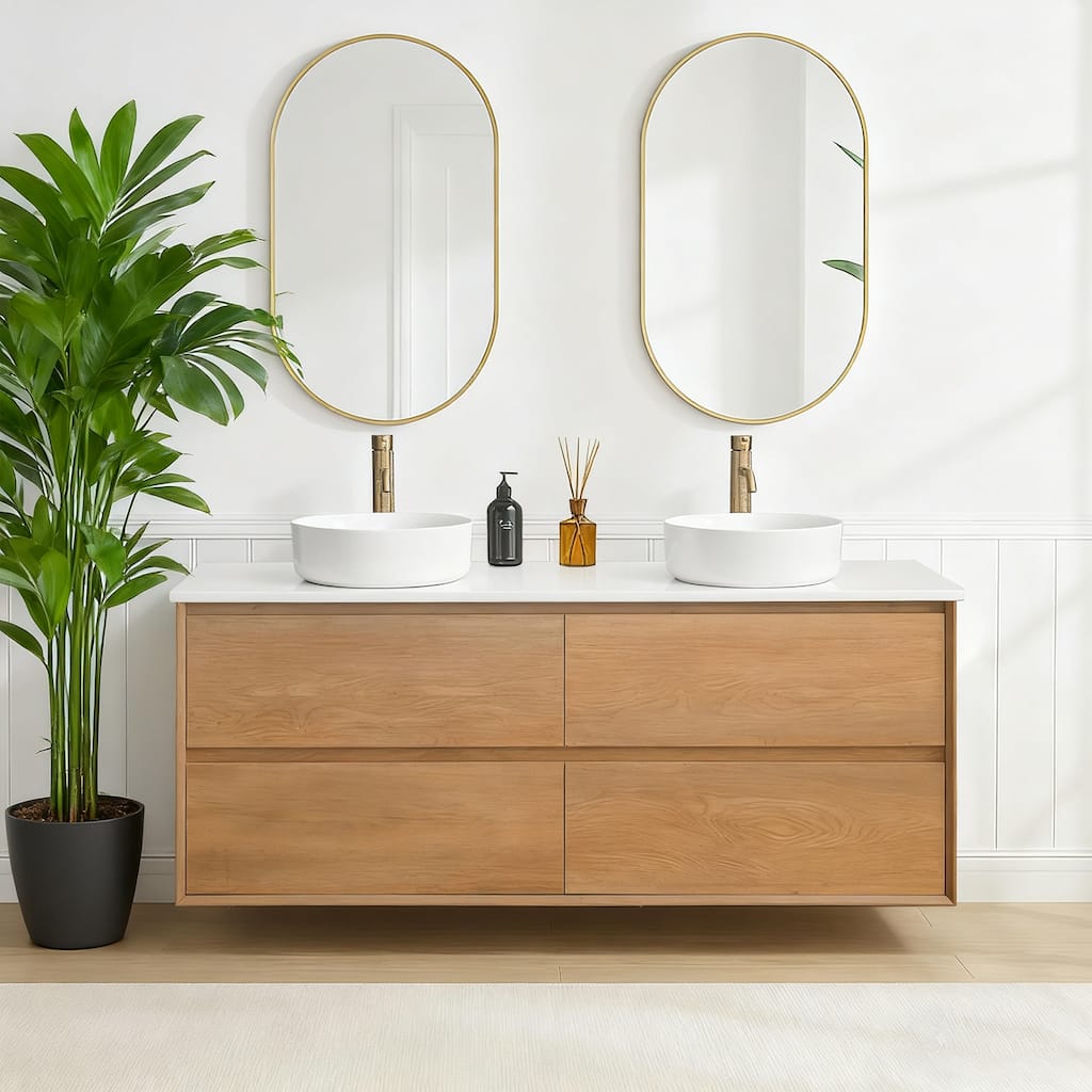 Sylphar 60 inch Toffee Oak Floating Bathroom Vanity with White Quartz Top