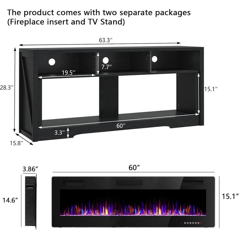 BOSSIN 65" Electric Fireplace TV Stand , Entertainment Center for TVs up to 75" with Open Shelves Storage for Living Room