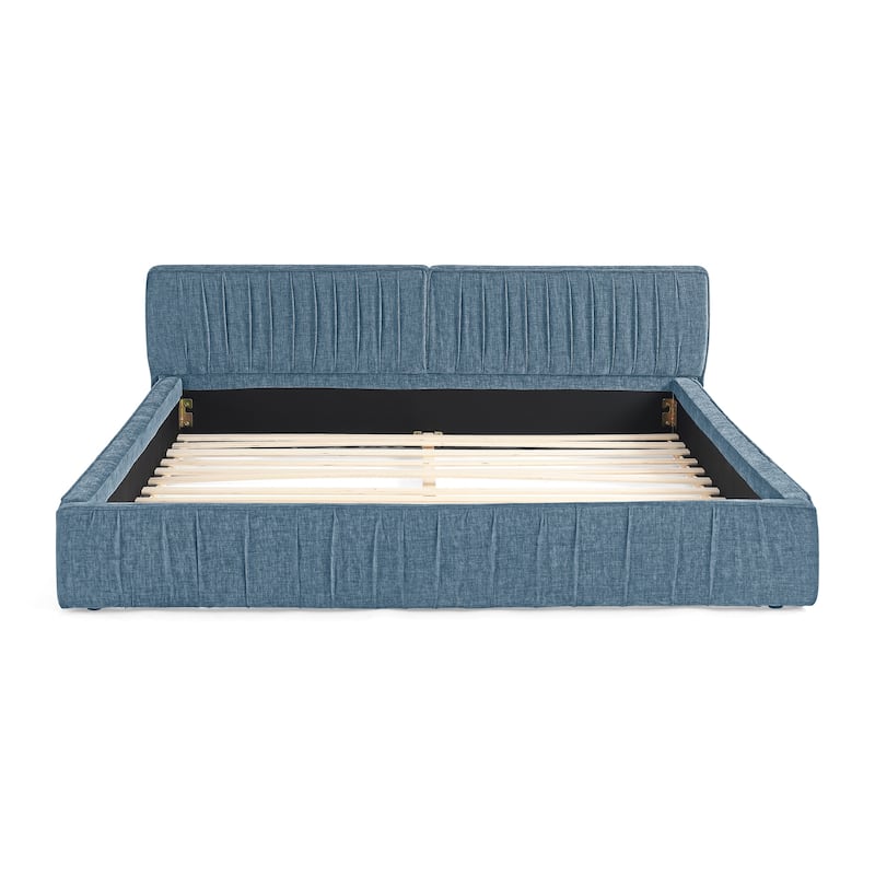 Pleated Design Frame, Queen Size Grounded Bed Frame Chenille Fabric Upholstered Bed Low Profile Platform Bed with Headboard