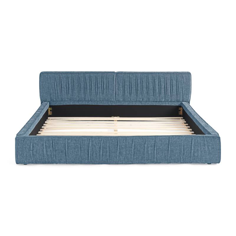 Roomfitters Queen Upholstered Chenille Fabric Platform Bed with Pleated Headboard, Solid Low Frame, No Box Spring Needed
