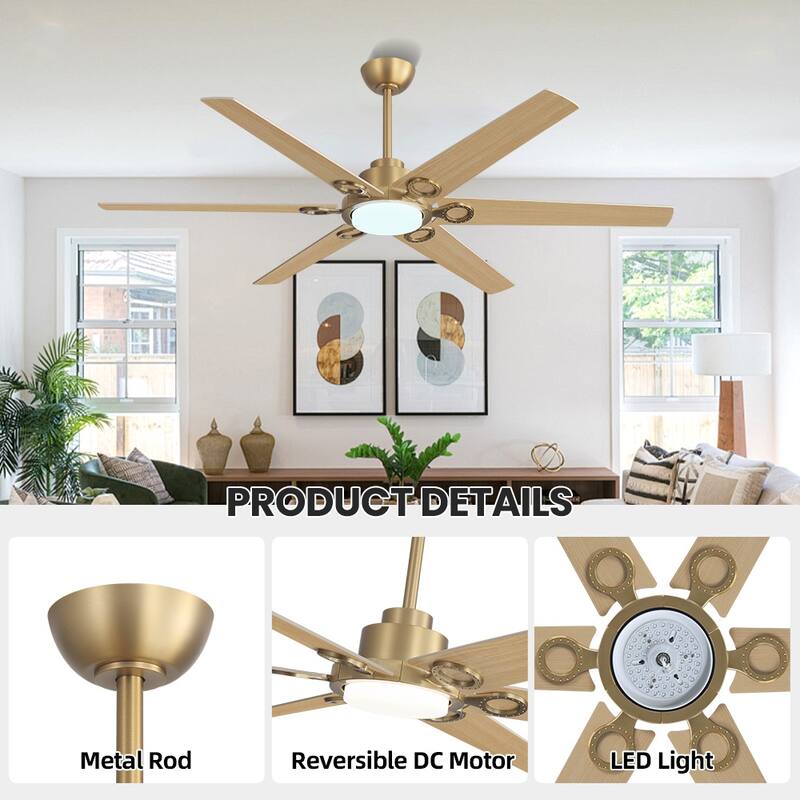 MLiAN 64 in. 6 Playwood Blade Dc Motor Indoor Downrod Gray Standard Ceiling Fan with Remote Integrated LED - 64''