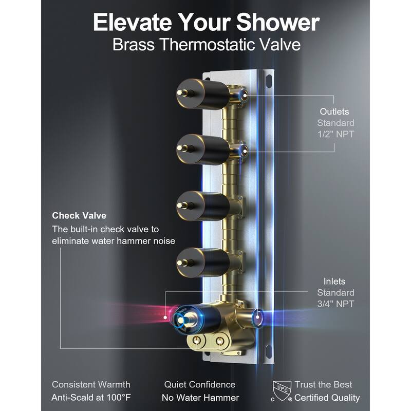 GRANDJOY Luxury Shower Faucets 22" LED Ceiling Mount Rainfall Shower Head System with 6 Body Jets