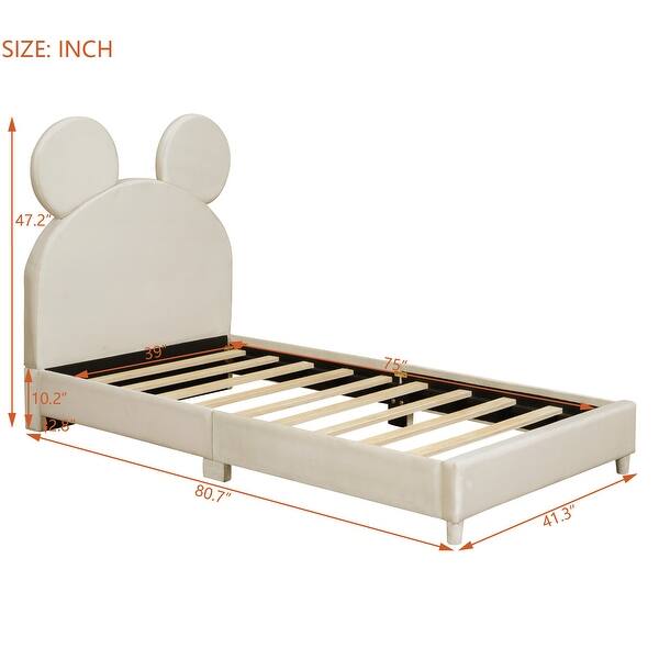 dimension image slide 2 of 3, Twin Platform Bed with Bear Ear Design - Velvet Upholstery, Durable Wood Frame, Lively Colors for Kids' Bedrooms