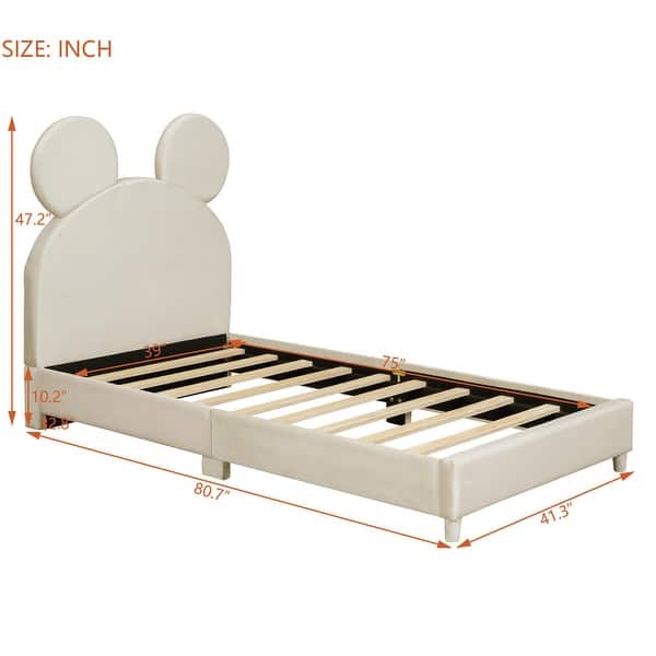 dimension image slide 2 of 3, Velvet Upholstered Bear Ear Platform Bed, Eye-catching Design