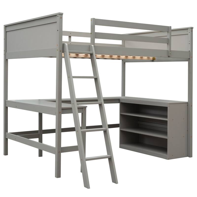 Full Pine Loft Bed with Desk, Shelves, and Guardrails