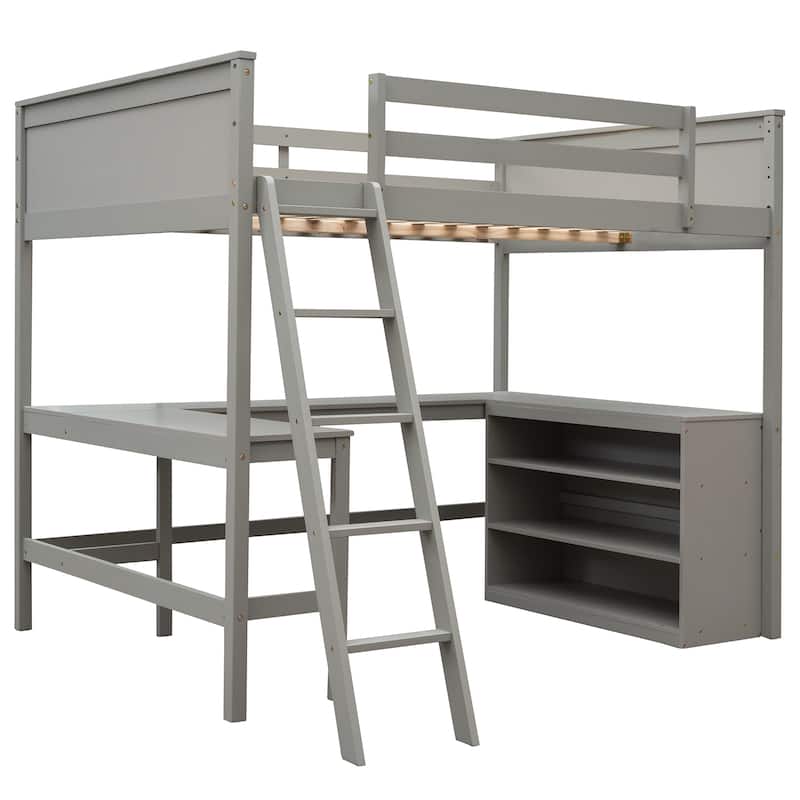 Loft Bed with Shelves and Desk, Wooden Loft Bed with Desk