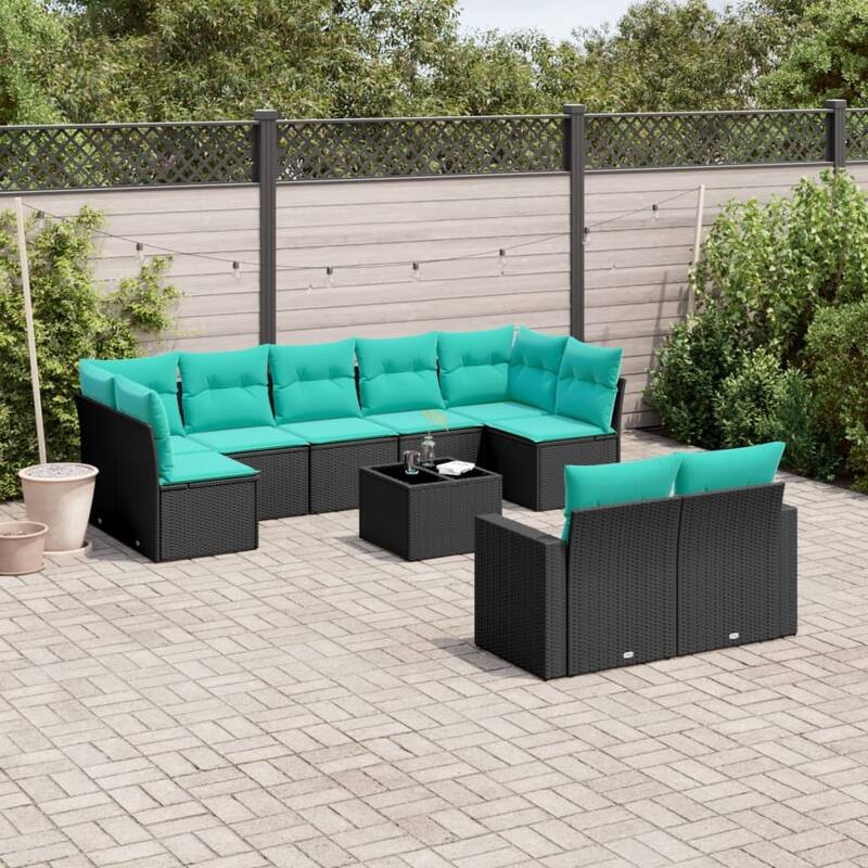 vidaXL 9/10 Piece Patio Sofa Set with Cushions Black Poly Rattan - 24.4" x 24.4" x 27.2" - Black and blue-With table