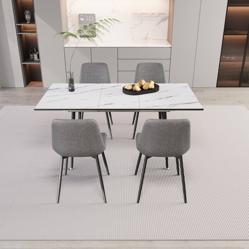 Scalable modern dining table and chair set, for 2-6 people, 4-piece set, medieval dining table set, metal base and linen chair