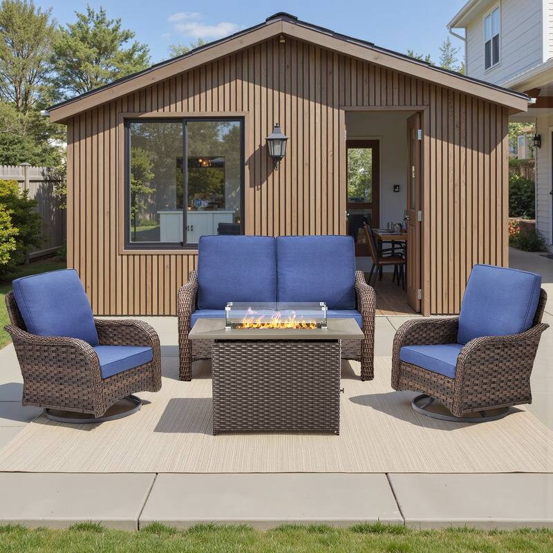 Pocassy Patio Funiture Sofa Swivel Chairs Ottoman with Fire Table Set - Blue Cushion - Brown Wicker - 4-Piece Loveseat Swivel Chair with Fire Table