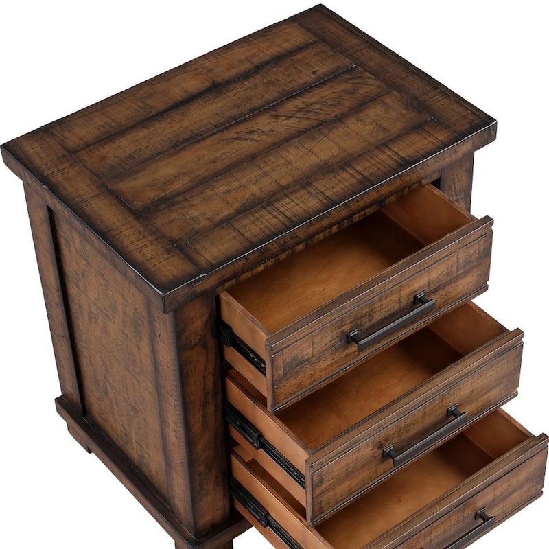 HomeRoots Set of Two 26" Walnut Solid Wood Distressed Three Drawer Nightstand